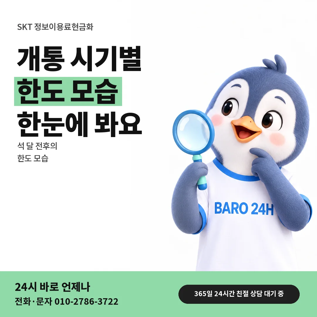 BARO 24H 티셔츠를 입은 3D 동물 캐릭터 옆에 「SKT 개통 시기와 한도」 제목을 얹은 안내 카드