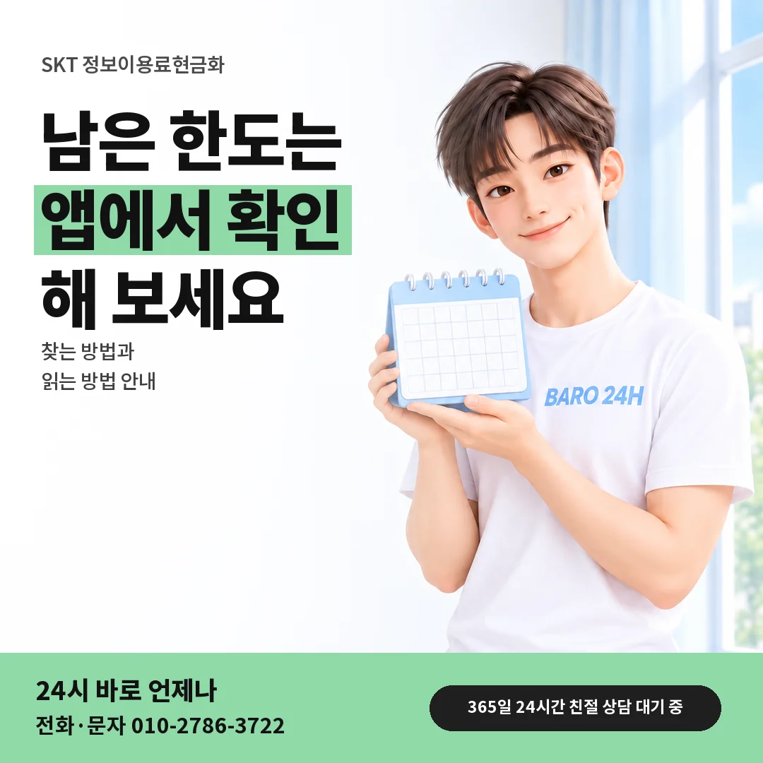 달력을 든 BARO 24H 티셔츠를 입은 3D 인물 옆에 「SKT 앱에서 남은 한도 보기」 제목을 얹은 안내 카드