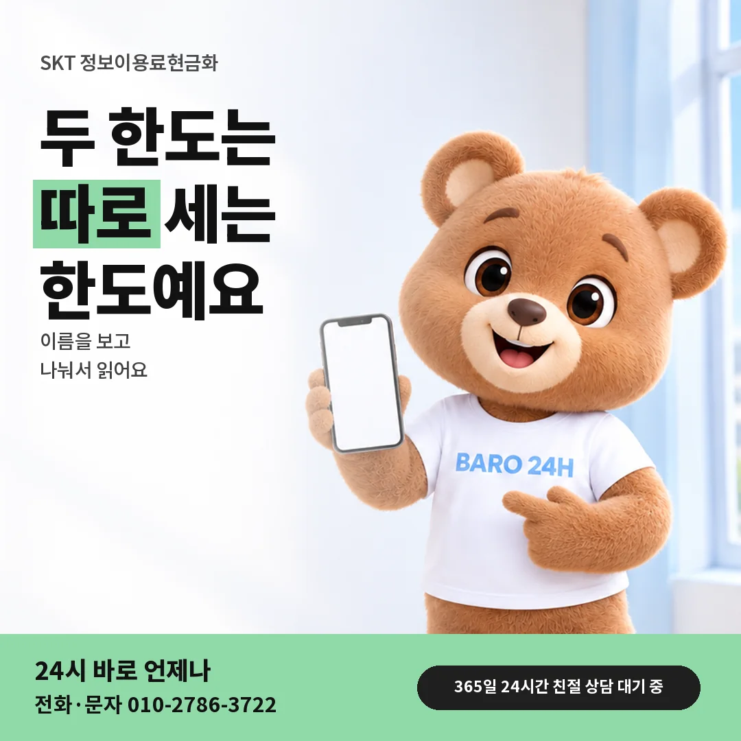 휴대폰을 보며 웃는 BARO 24H 티셔츠를 입은 3D 곰 캐릭터 옆에 「SKT 두 한도 구별하기」 제목을 얹은 안내 카드